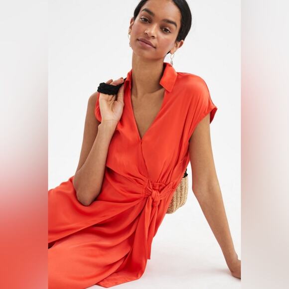 Anthropologie Maeve Open-Back Satin Wrap Midi Dress Orange Small - Picture 2 of 16